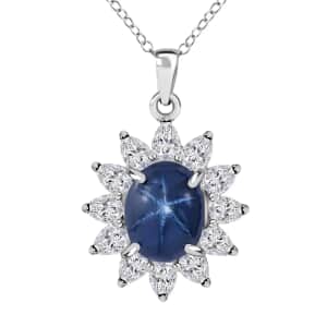 Blue Star Sapphire (DF) and Moissanite Sunburst Pendant Necklace 18 Inches in Platinum Over Sterling Silver 7.15 ctw