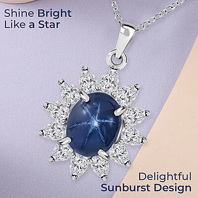 Blue Star Sapphire (DF) and Moissanite 7.15 ctw Sunburst Pendant Necklace 18 Inches in Platinum Over Sterling Silver