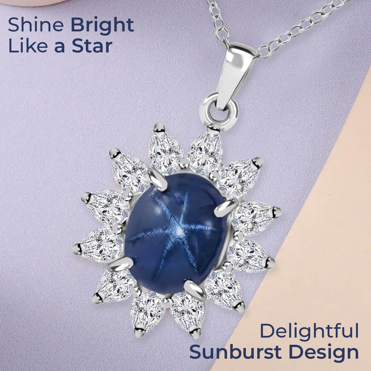 Blue Star Sapphire (DF) and Moissanite Sunburst Pendant Necklace 18 Inches in Platinum Over Sterling Silver 7.15 ctw image number 1