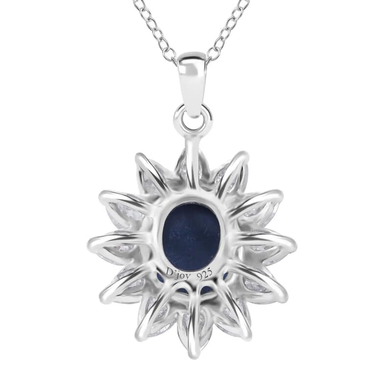 Blue Star Sapphire (DF) and Moissanite 7.15 ctw Sunburst Pendant Necklace 18 Inches in Platinum Over Sterling Silver