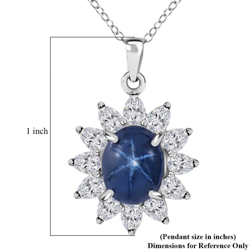 Blue Star Sapphire (DF) and Moissanite 7.15 ctw Sunburst Pendant Necklace 18 Inches in Platinum Over Sterling Silver