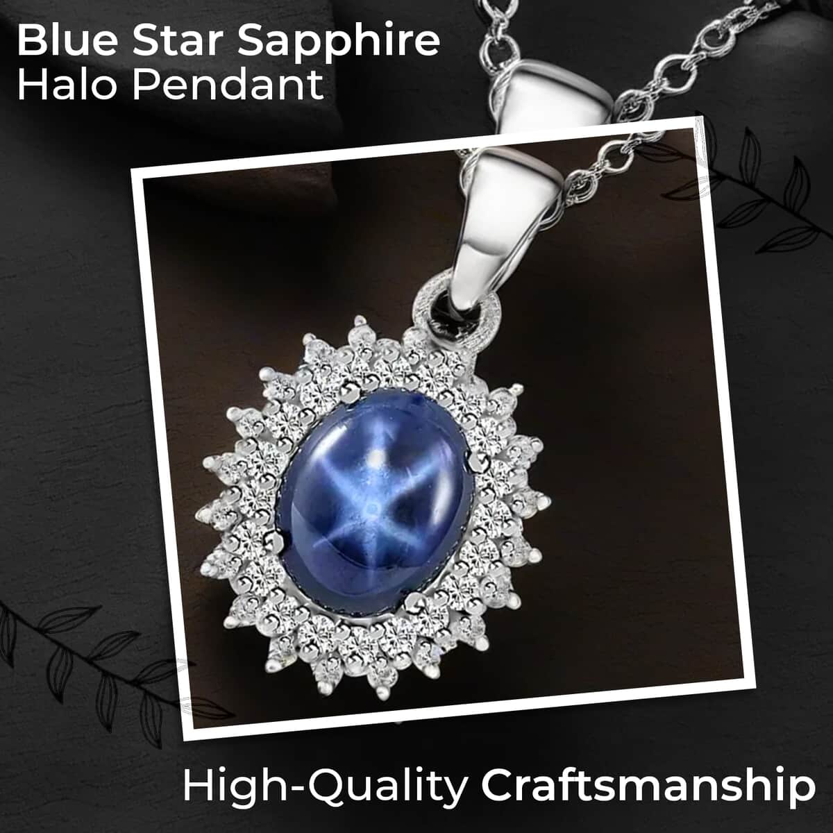 Blue Star Sapphire (DF) Pendant Necklace, Double Halo Pendant Necklace, Sterling Silver Pendant Necklace, Moissanite Halo Pendant Necklace, Princess Length Necklace 4.75 ctw image number 1