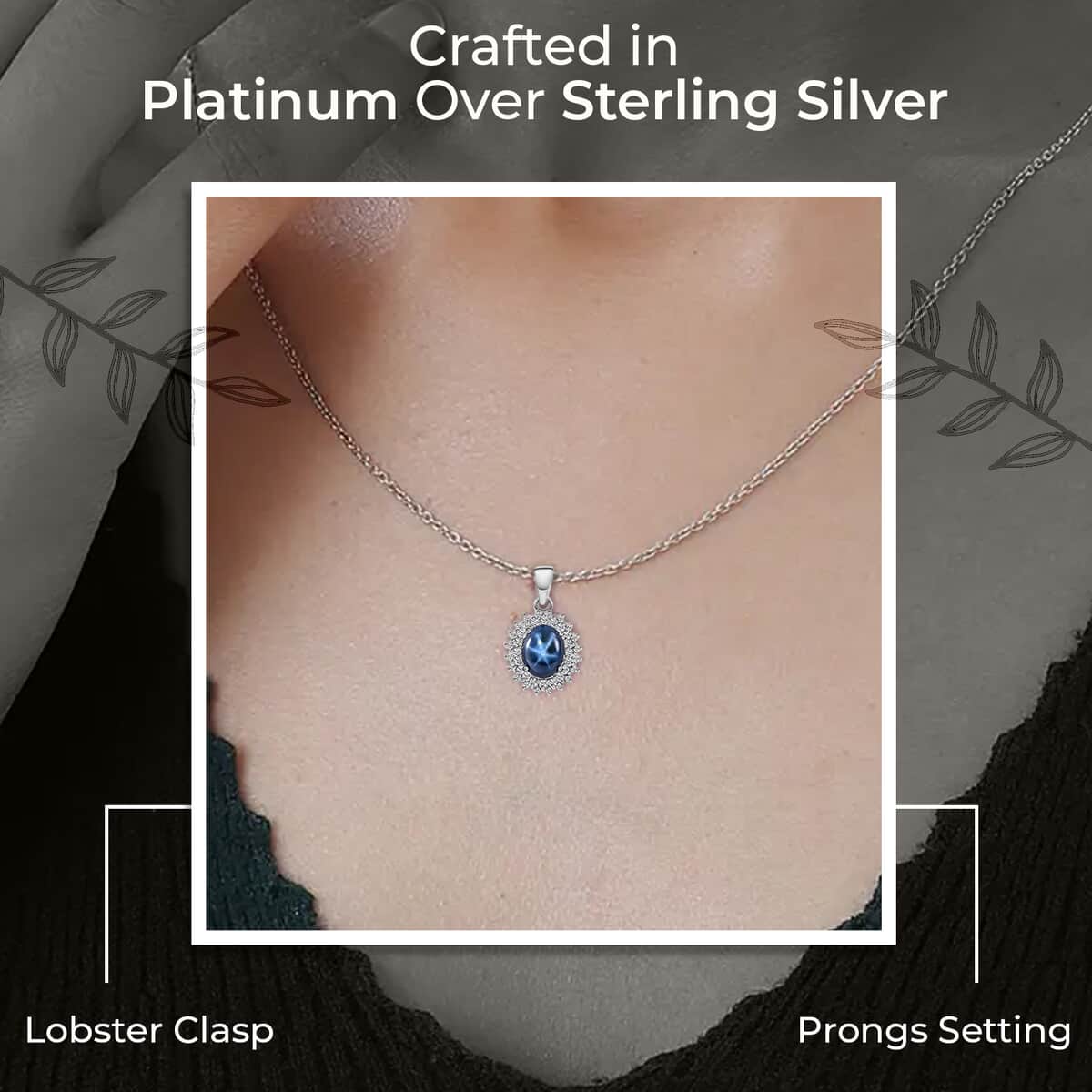 Blue Star Sapphire (DF) Pendant Necklace, Double Halo Pendant Necklace, Sterling Silver Pendant Necklace, Moissanite Halo Pendant Necklace, Princess Length Necklace 4.75 ctw image number 2