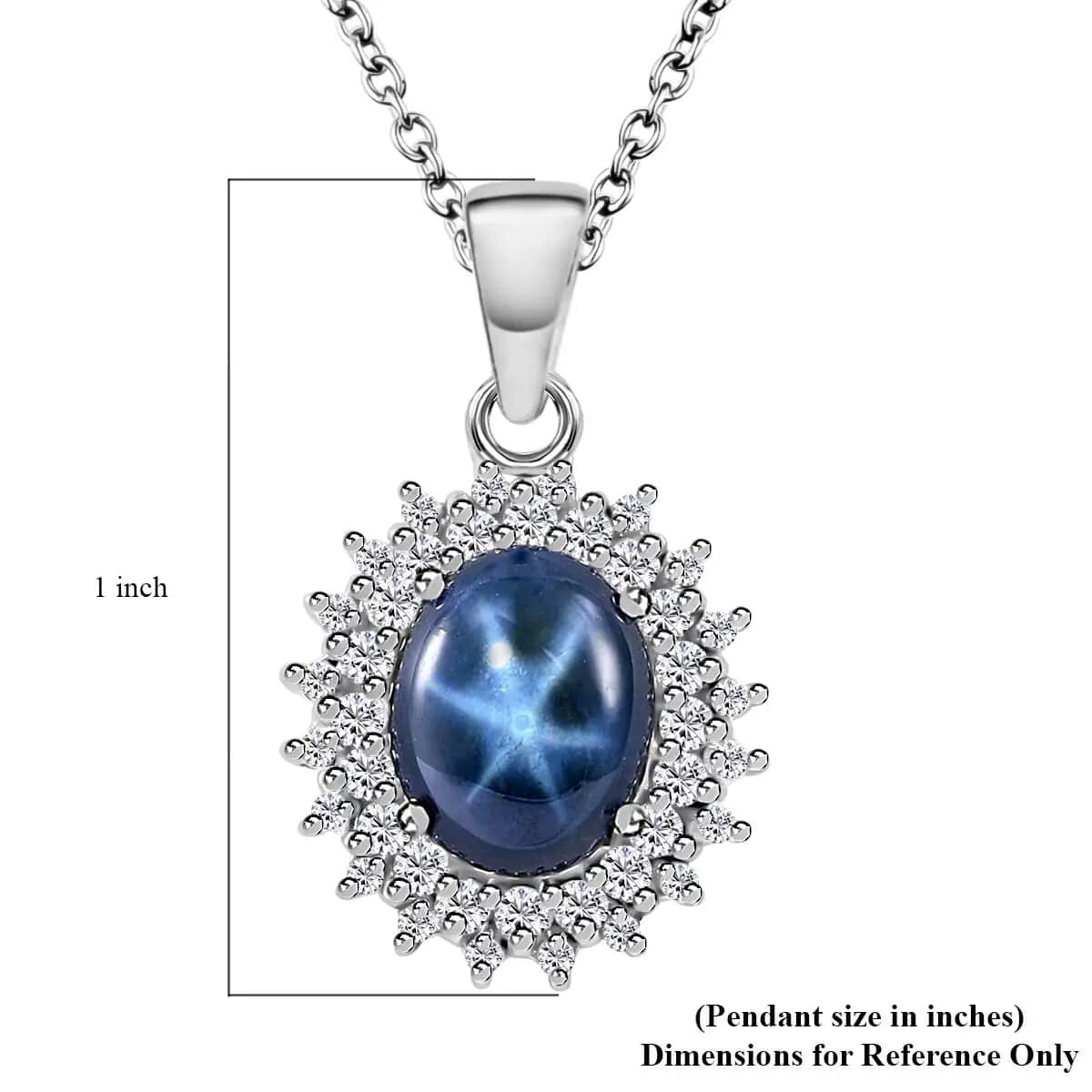 Blue Star Sapphire (DF) Pendant Necklace, Double Halo Pendant Necklace, Sterling Silver Pendant Necklace, Moissanite Halo Pendant Necklace, Princess Length Necklace 4.75 ctw image number 6