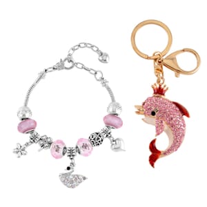 Pink Resin, Multi Austrian Crystal Bracelet (7-9In) in Silvertone with Enameled Dolphin Keychain in Goldtone