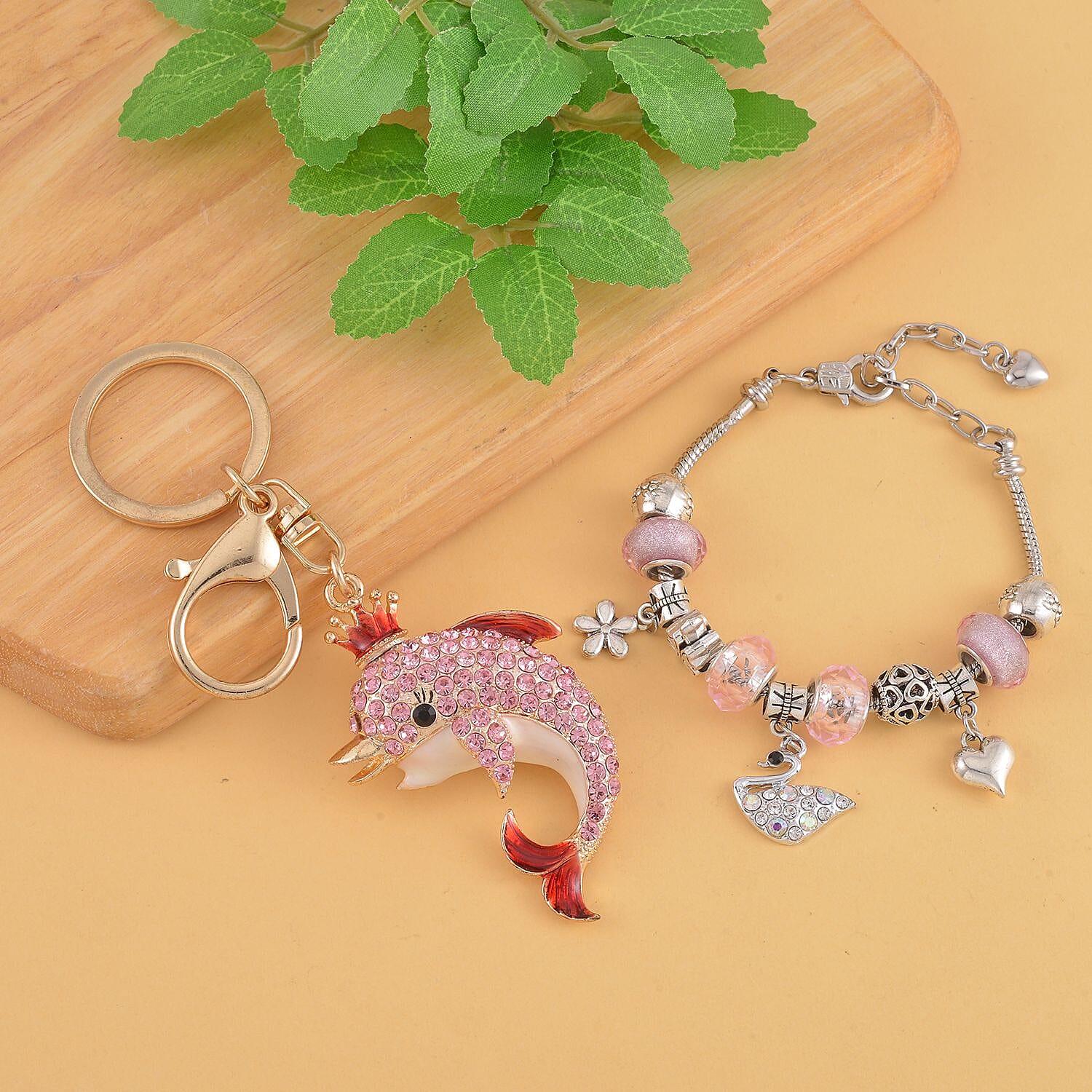 Pink Resin, Multi Austrian Crystal Bracelet (7-9In) in Silvertone with Enameled Dolphin Keychain in Goldtone