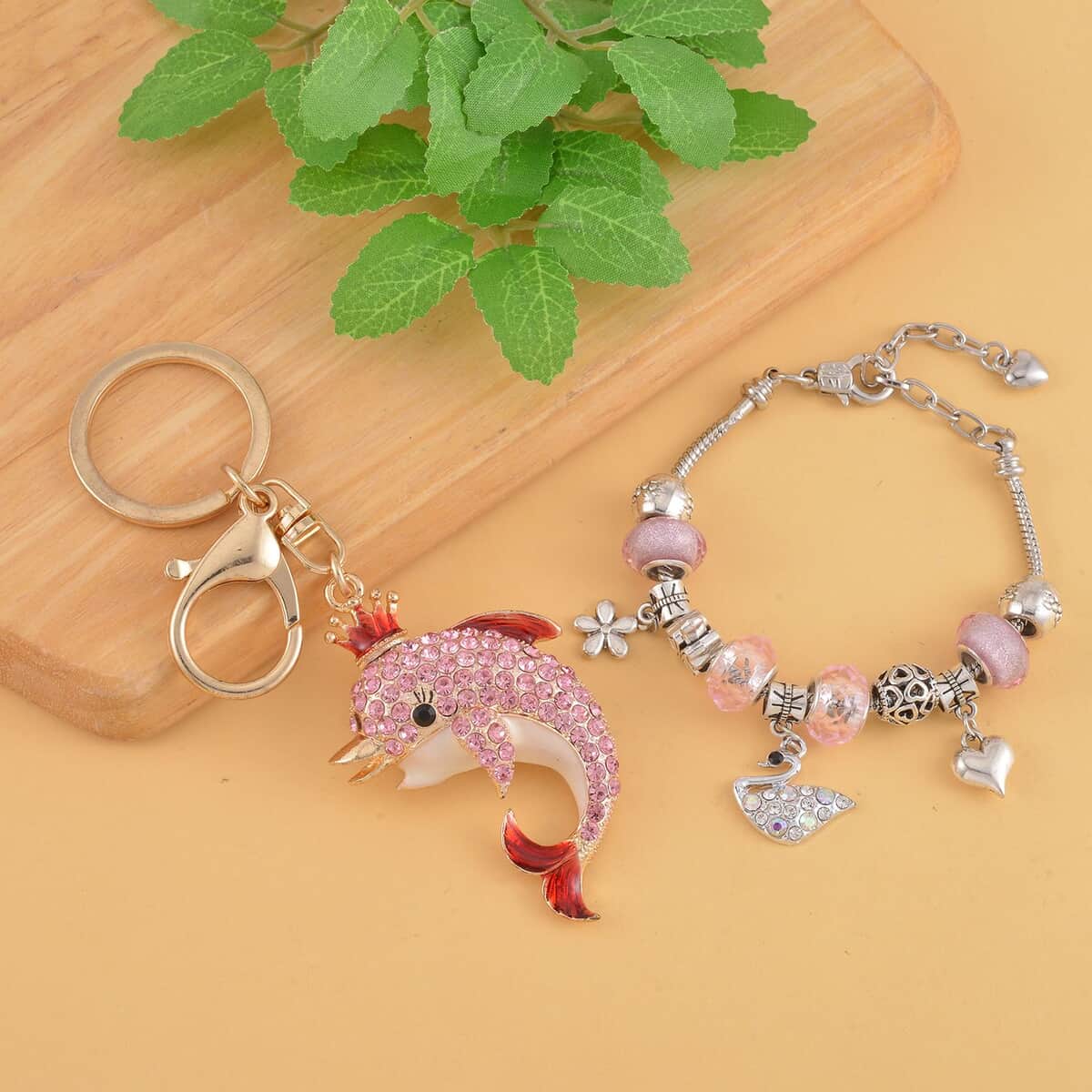 Pink Resin, Multi Austrian Crystal Bracelet (7-9In) in Silvertone with Enameled Dolphin Keychain in Goldtone image number 1