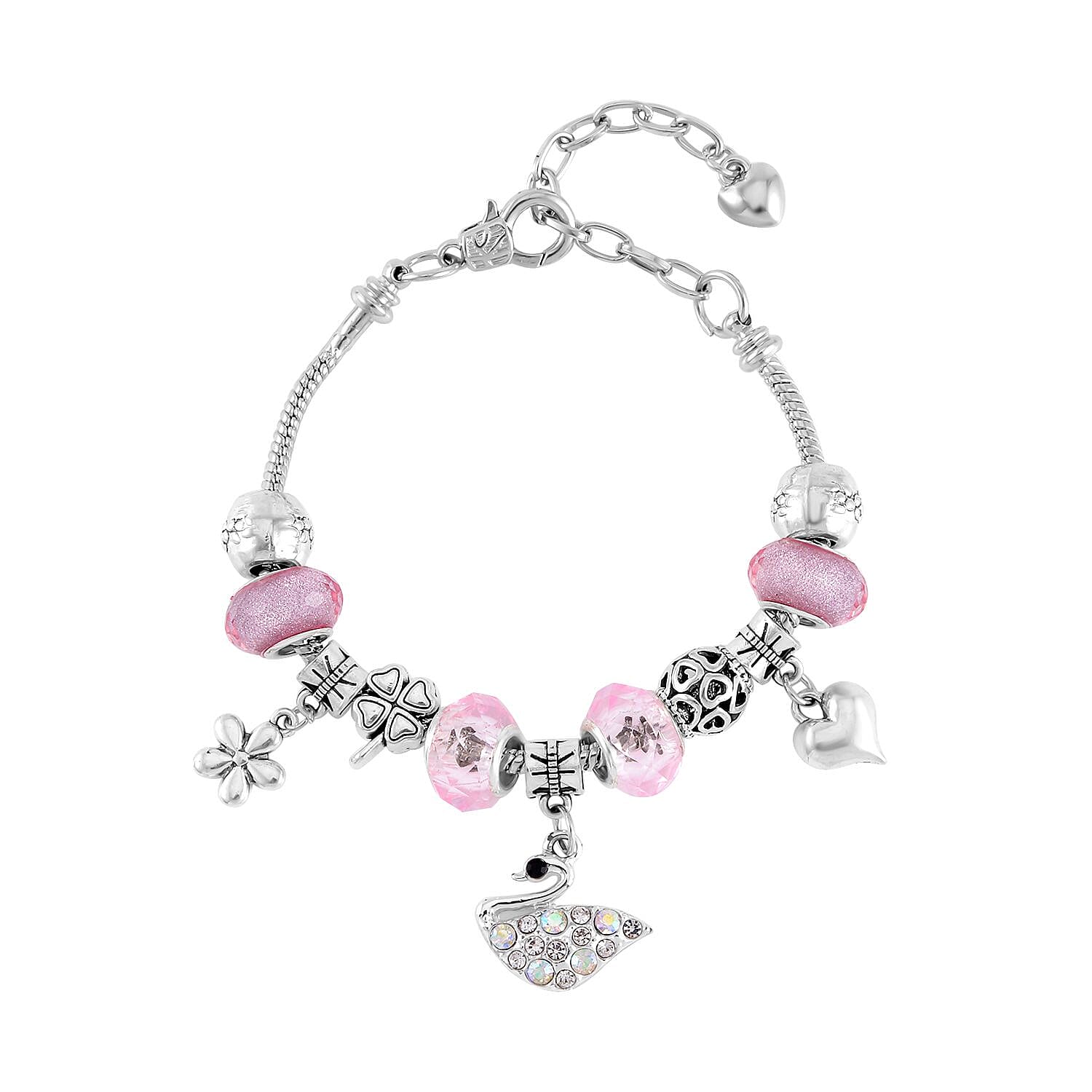 Pink Resin, Multi Austrian Crystal Bracelet (7-9In) in Silvertone with Enameled Dolphin Keychain in Goldtone