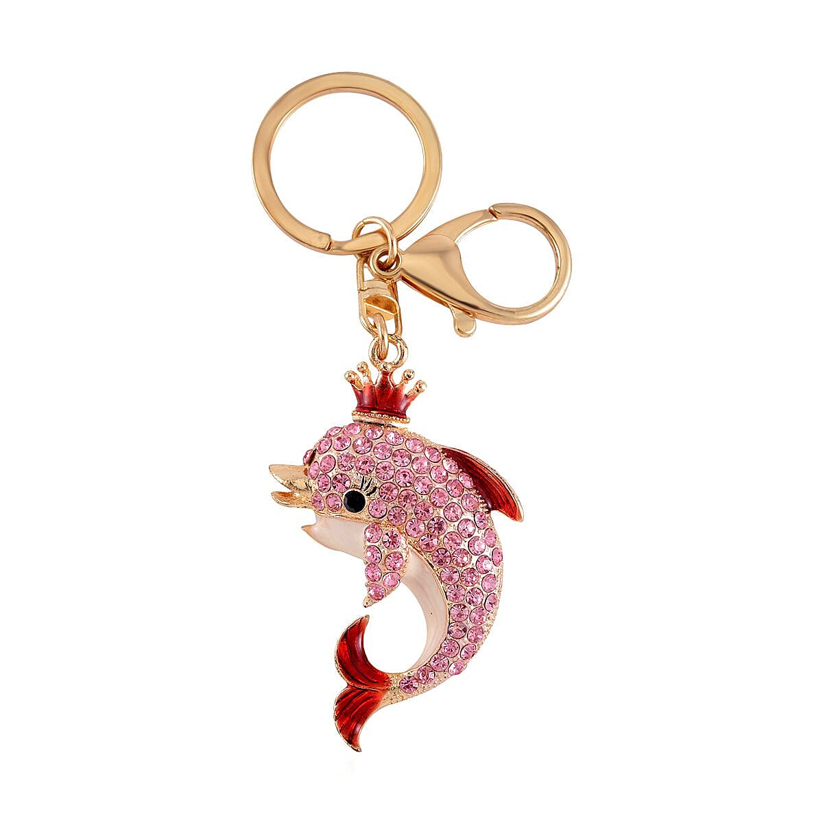 Pink Resin, Multi Austrian Crystal Bracelet (7-9In) in Silvertone with Enameled Dolphin Keychain in Goldtone