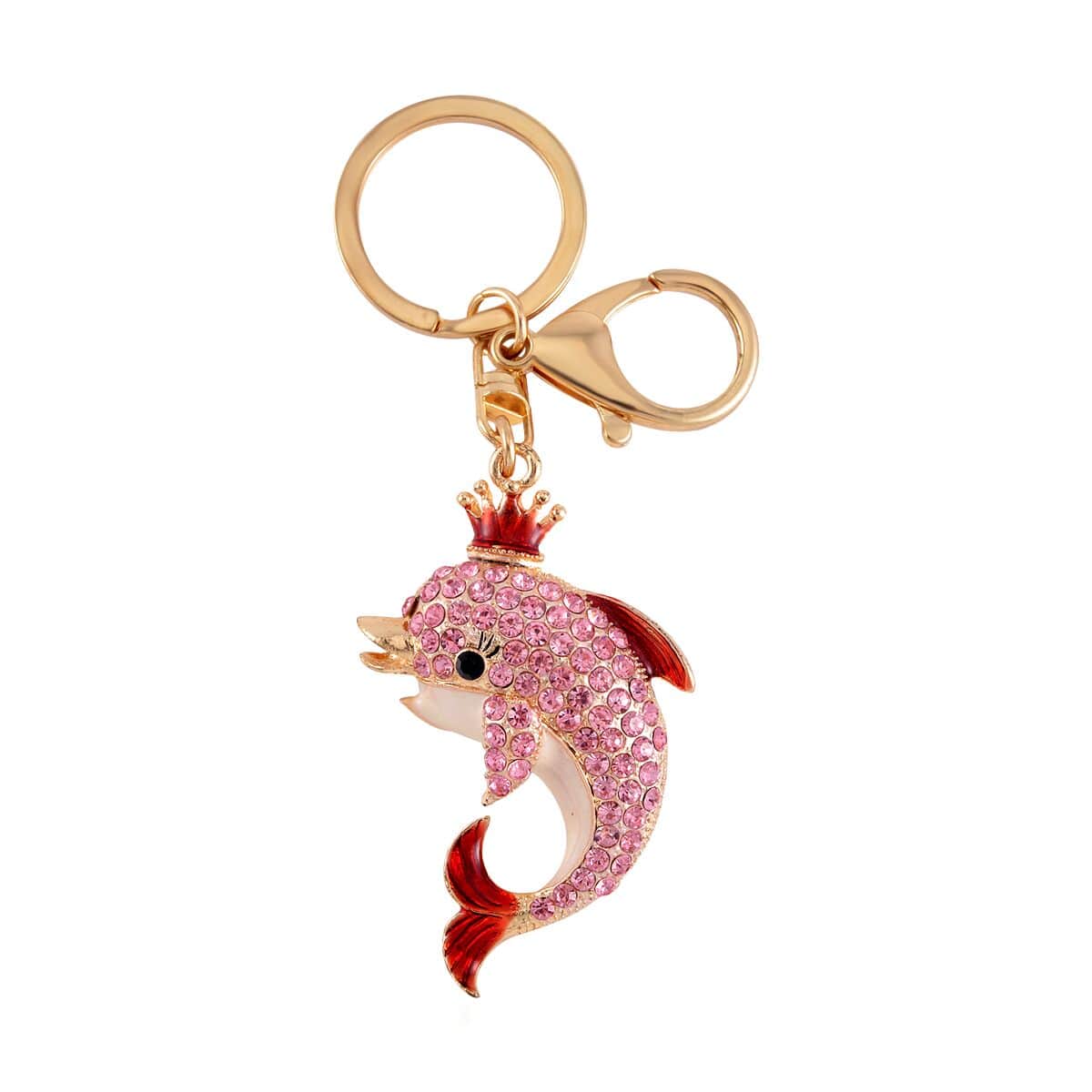 Pink Resin, Multi Austrian Crystal Bracelet (7-9In) in Silvertone with Enameled Dolphin Keychain in Goldtone image number 4