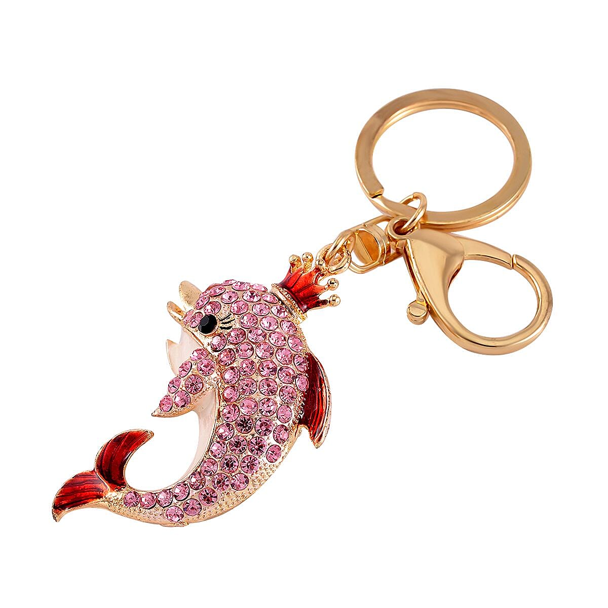 Pink Resin, Multi Austrian Crystal Bracelet (7-9In) in Silvertone with Enameled Dolphin Keychain in Goldtone