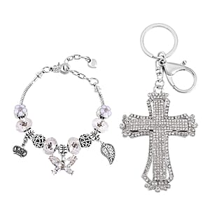White Resin, Austrian Crystal and Enameled Bracelet (7-9In) and Cross Keychain in Silvertone