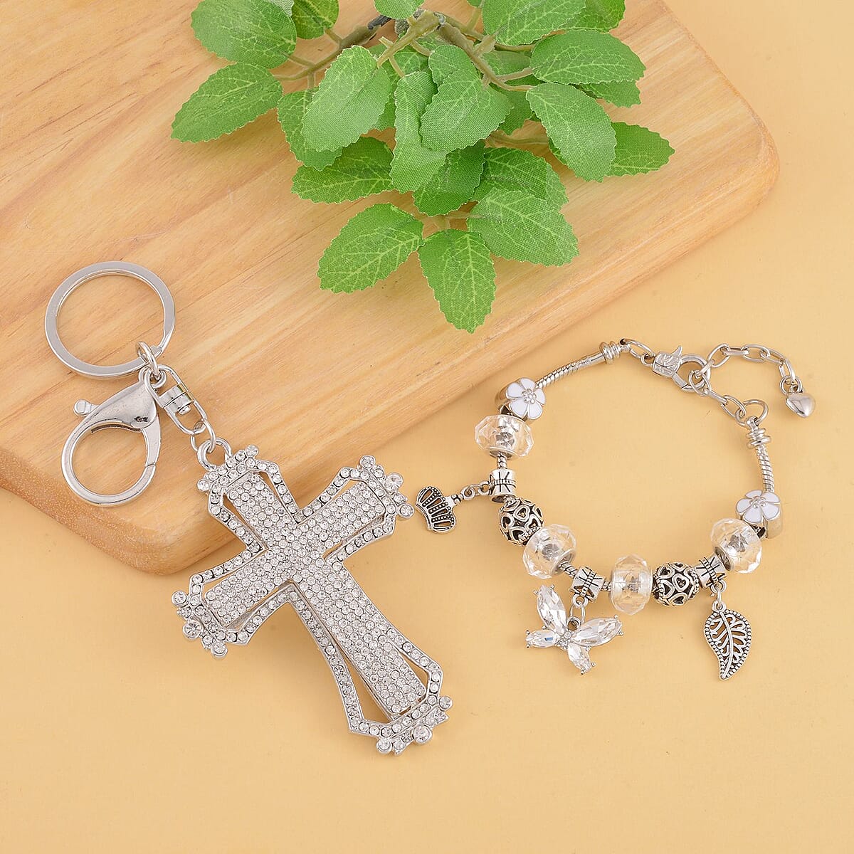 White Resin, Austrian Crystal and Enameled Bracelet (7-9In) and Cross Keychain in Silvertone image number 1