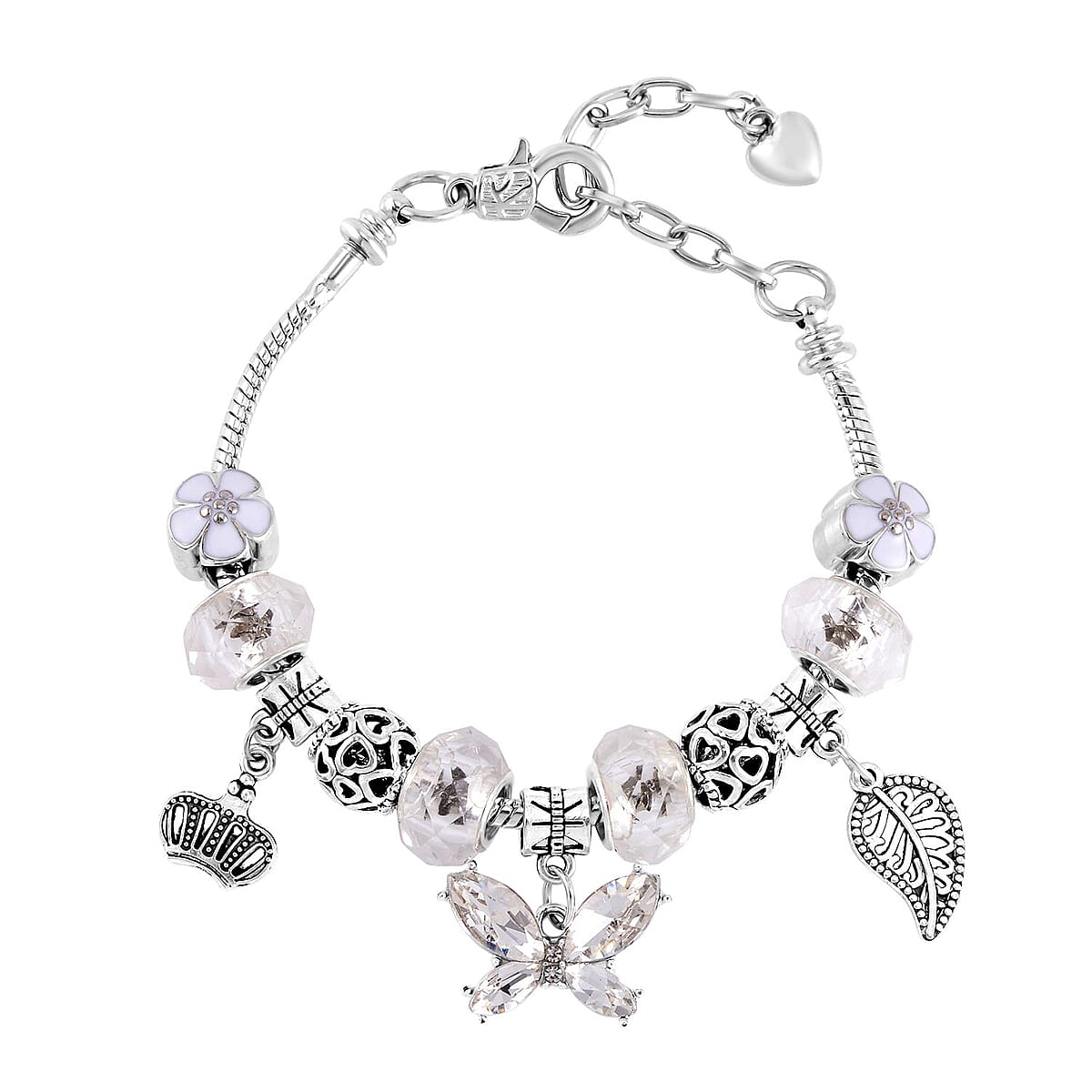 White Resin, Austrian Crystal and Enameled Bracelet (7-9In) and Cross Keychain in Silvertone image number 2