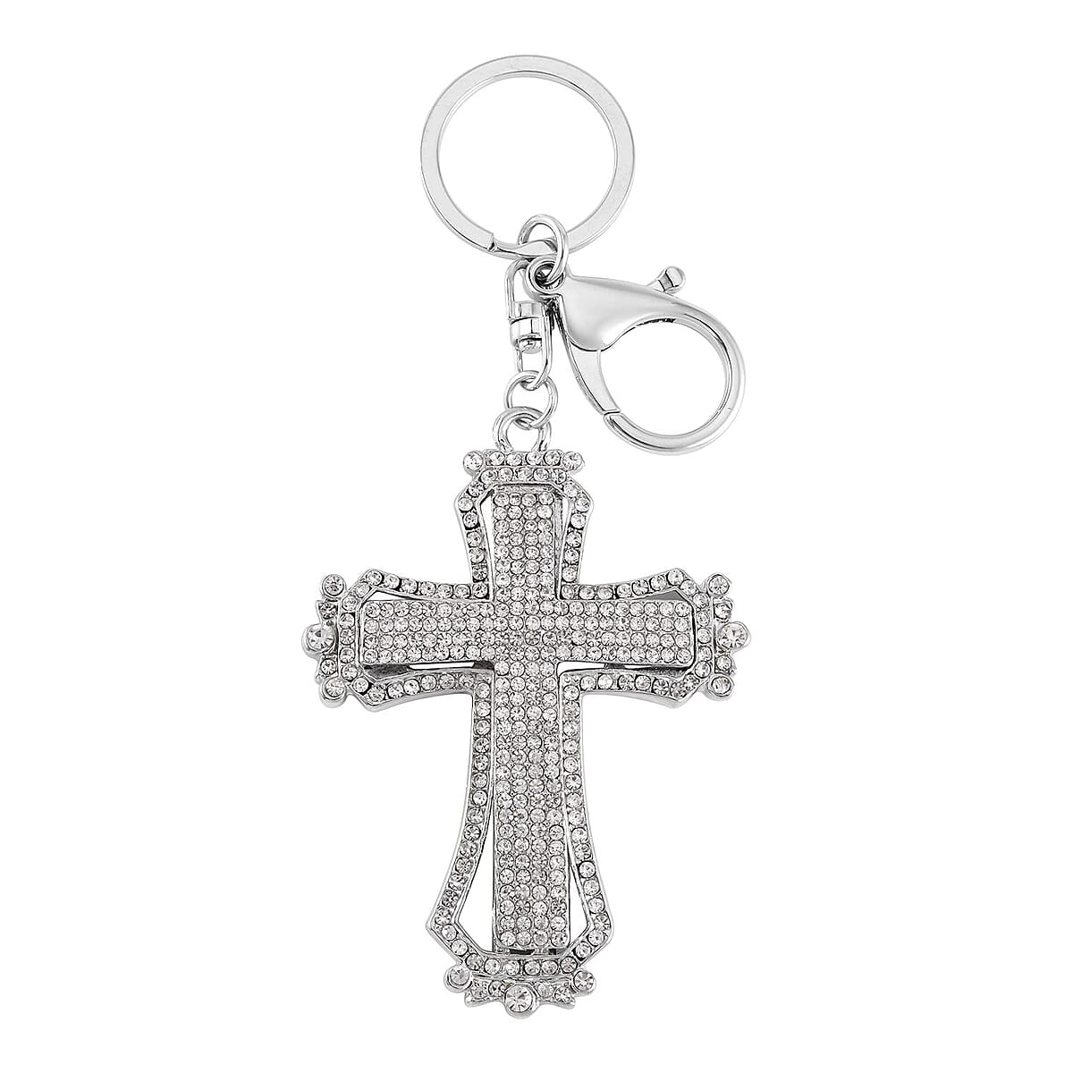 White Resin, Austrian Crystal and Enameled Bracelet (7-9In) and Cross Keychain in Silvertone image number 4