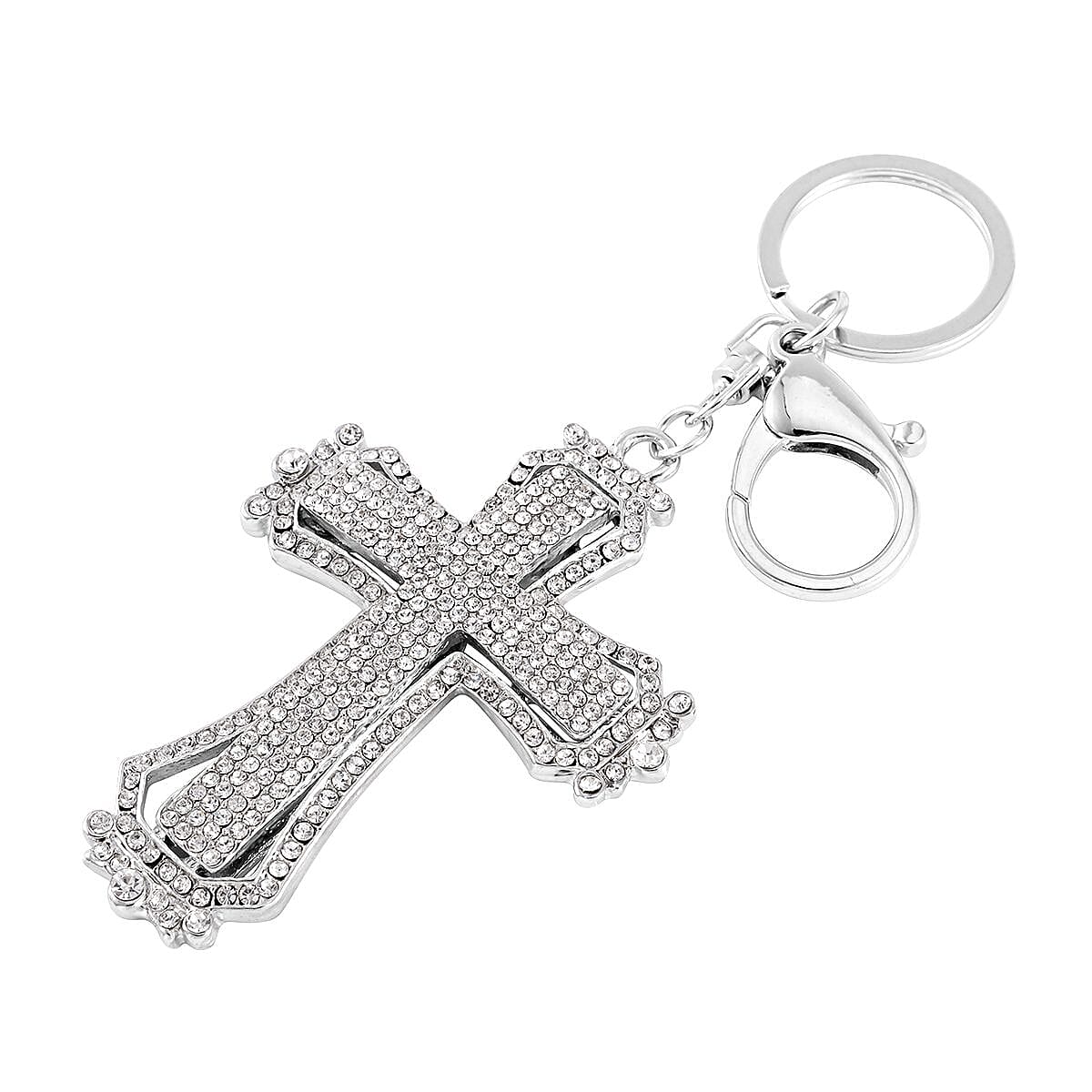 White Resin, Austrian Crystal and Enameled Bracelet (7-9In) and Cross Keychain in Silvertone image number 5