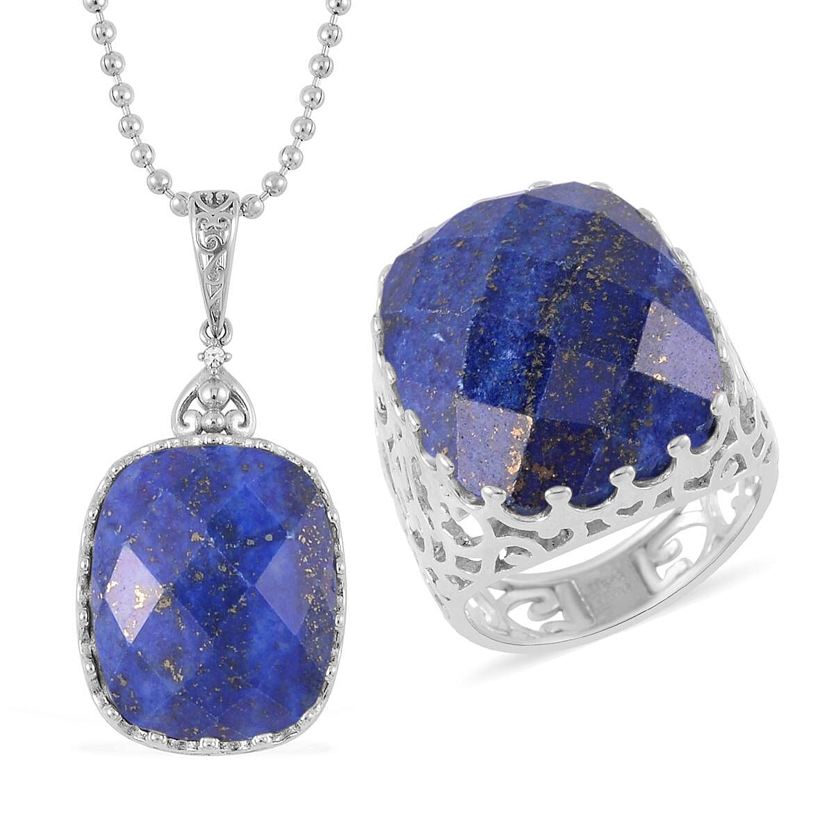 Lapis Lazuli Solitaire Ring (Size 6.0) and Pendant Necklace 20-22 Inches in Stainless Steel 30.00 ctw