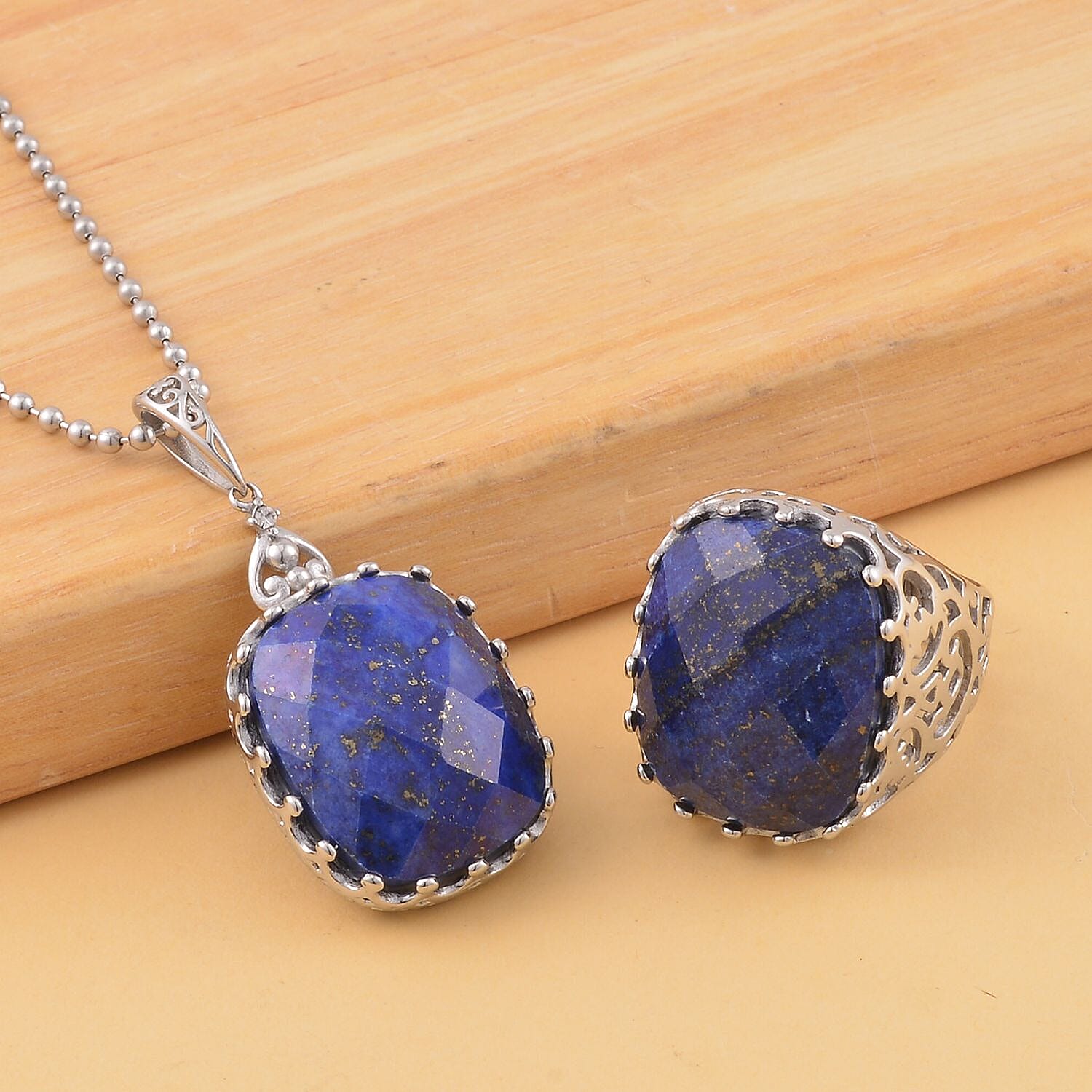 Lapis Lazuli Solitaire Ring (Size 6.0) and Pendant Necklace 20-22 Inches in Stainless Steel 30.00 ctw