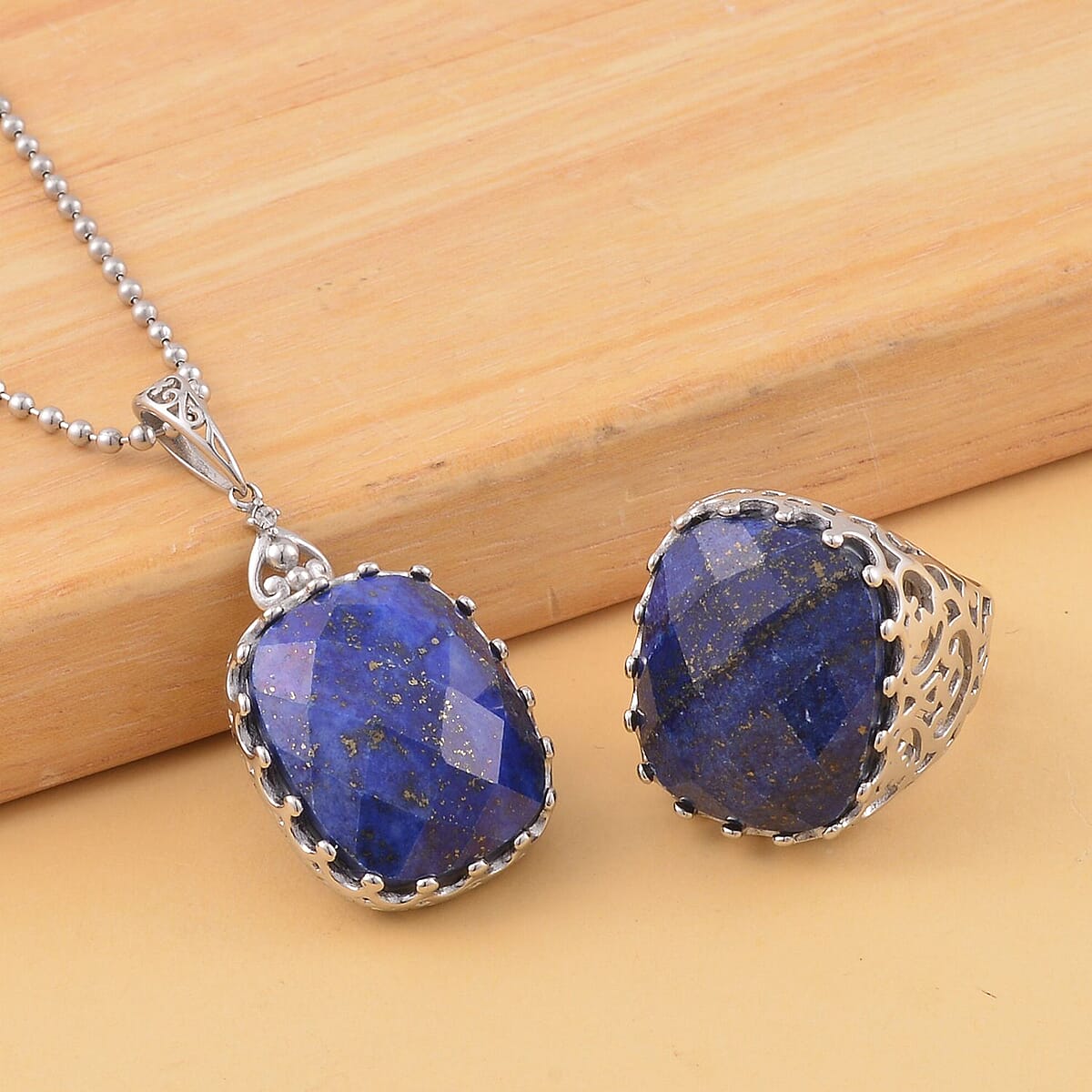 Lapis Lazuli Solitaire Ring (Size 10.0) and Pendant Necklace 20-22 Inches in Stainless Steel 30.00 ctw image number 1