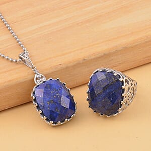 Lapis Lazuli Solitaire Ring (Size 10.0) and Pendant Necklace 20-22 Inches in Stainless Steel 30.00 ctw