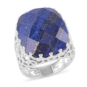 Lapis Lazuli Solitaire Ring (Size 10.0) and Pendant Necklace 20-22 Inches in Stainless Steel 30.00 ctw