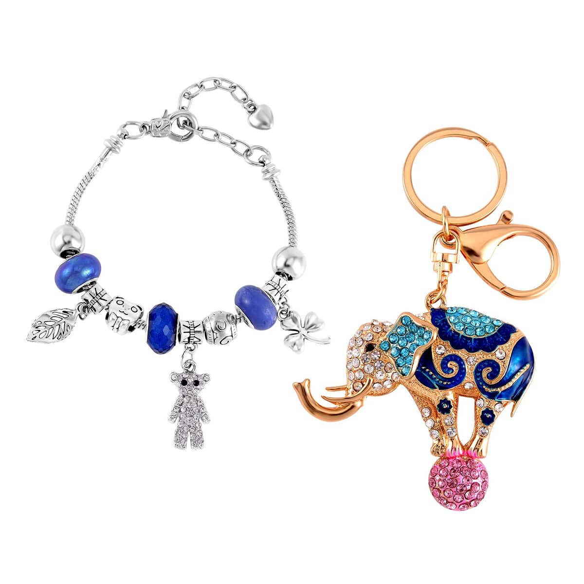 Blue Resin, Glass, Multi Color Crystal, Enameled Bracelet (7-9In) in Silvertone with Elephant Keychain in Goldtone image number 0