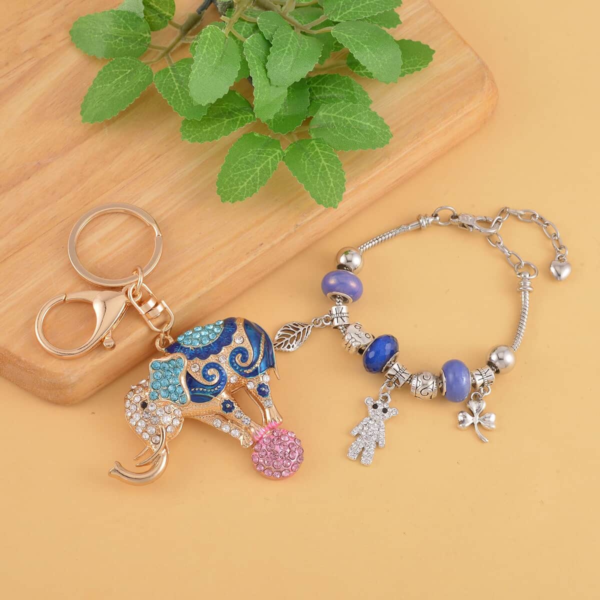 Blue Resin, Glass, Multi Color Crystal, Enameled Bracelet (7-9In) in Silvertone with Elephant Keychain in Goldtone image number 1