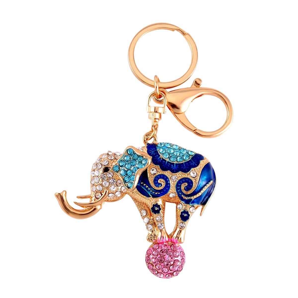 Blue Resin, Glass, Multi Color Crystal, Enameled Bracelet (7-9In) in Silvertone with Elephant Keychain in Goldtone image number 4