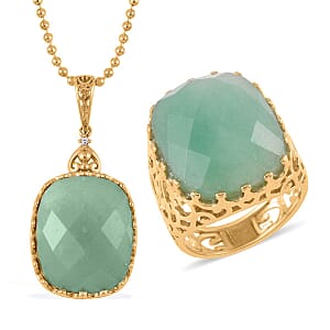Green Aventurine Solitaire Ring (Size 6.0) and Pendant Necklace 20-22 Inches in ION Plated YG Stainless Steel 30.00 ctw