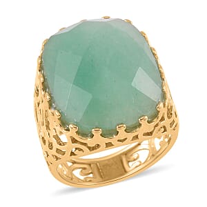 Green Aventurine Solitaire Ring (Size 6.0) and Pendant Necklace 20-22 Inches in ION Plated YG Stainless Steel 30.00 ctw