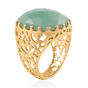 Green Aventurine Solitaire Ring (Size 6.0) and Pendant Necklace 20-22 Inches in ION Plated YG Stainless Steel 30.00 ctw