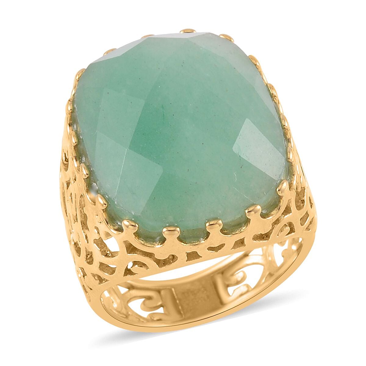 Green Aventurine Solitaire Ring (Size 7.0) and Pendant Necklace 20-22 Inches in ION Plated YG Stainless Steel 30.00 ctw image number 2