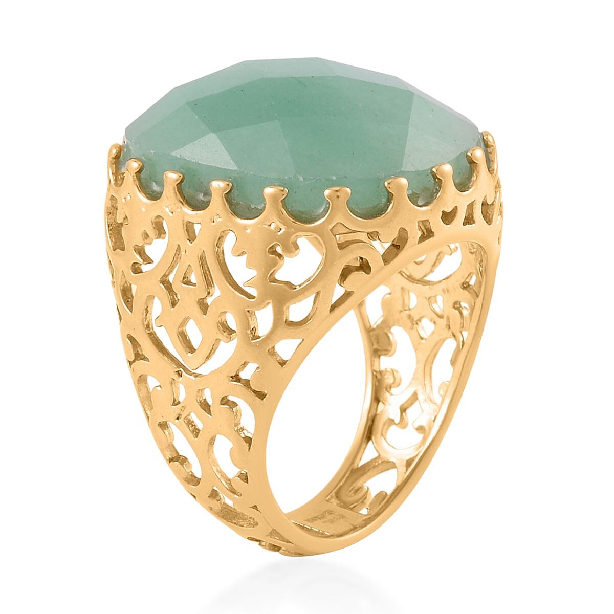 Green Aventurine Solitaire Ring (Size 7.0) and Pendant Necklace 20-22 Inches in ION Plated YG Stainless Steel 30.00 ctw image number 3