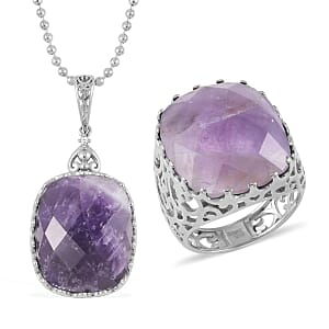 Amethyst Solitaire Ring (Size 7.0) and Pendant Necklace 20-22 Inches in Stainless Steel 30.00 ctw