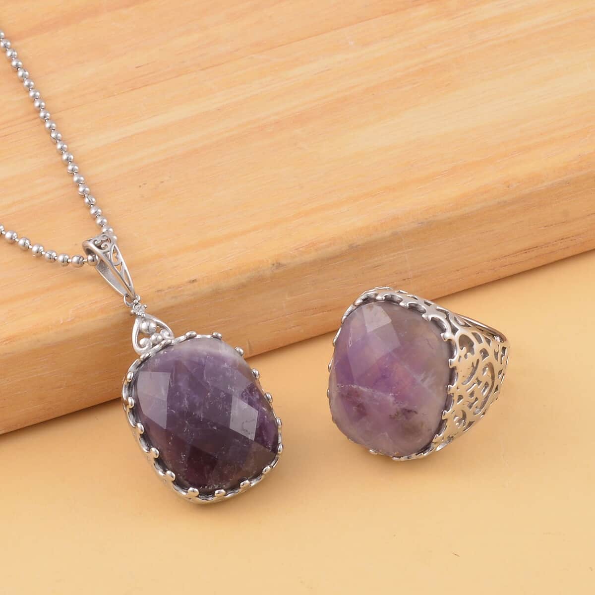 Amethyst Solitaire Ring (Size 7.0) and Pendant Necklace 20-22 Inches in Stainless Steel 30.00 ctw image number 1