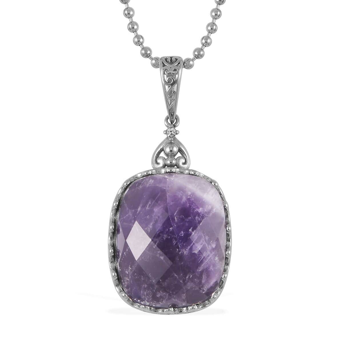 Amethyst Solitaire Ring (Size 7.0) and Pendant Necklace 20-22 Inches in Stainless Steel 30.00 ctw image number 5