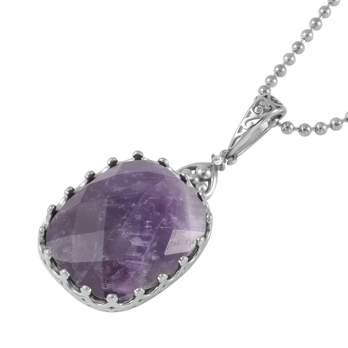 Amethyst Solitaire Ring (Size 7.0) and Pendant Necklace 20-22 Inches in Stainless Steel 30.00 ctw image number 6