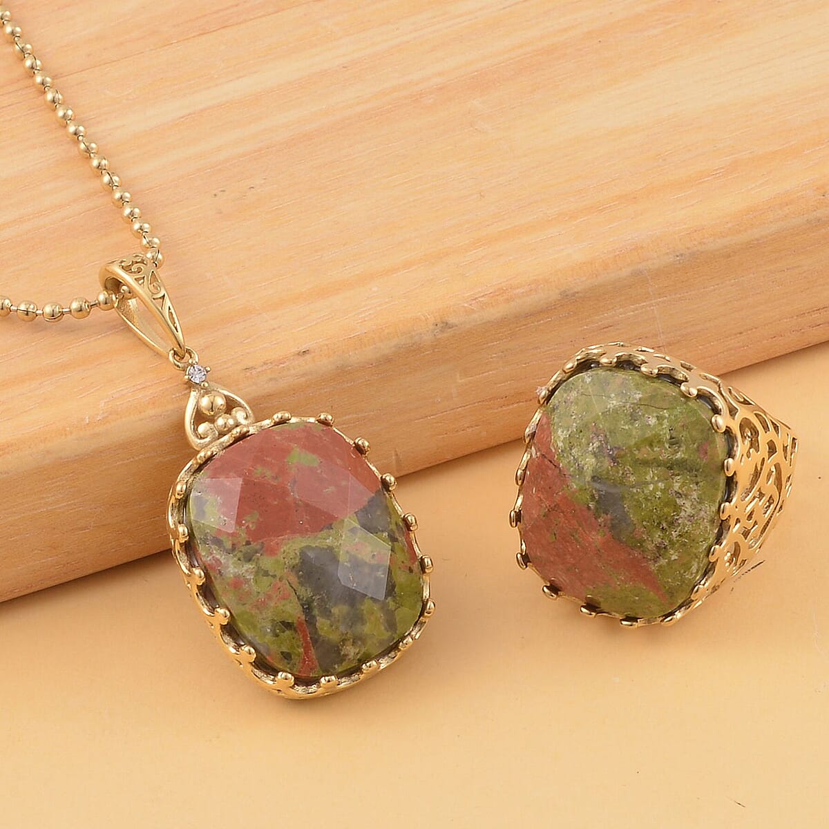 Unakite Solitaire Ring (Size 8.0) and Pendant Necklace 20-22 Inches in ION Plated YG Stainless Steel 30.00 ctw image number 1
