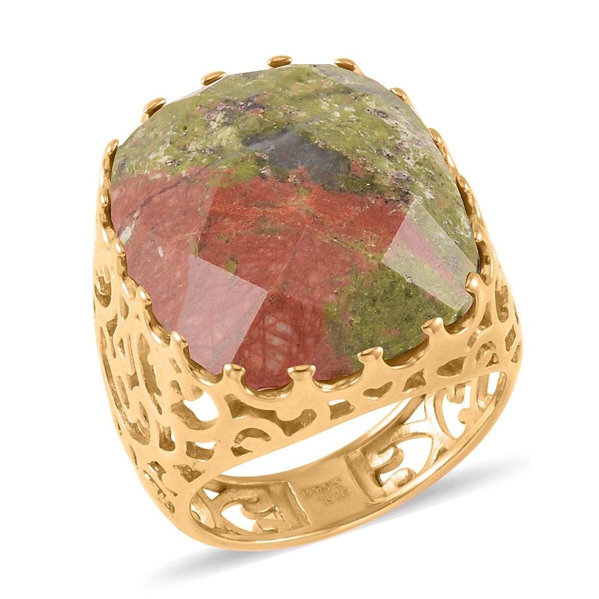 Unakite Solitaire Ring (Size 8.0) and Pendant Necklace 20-22 Inches in ION Plated YG Stainless Steel 30.00 ctw image number 2