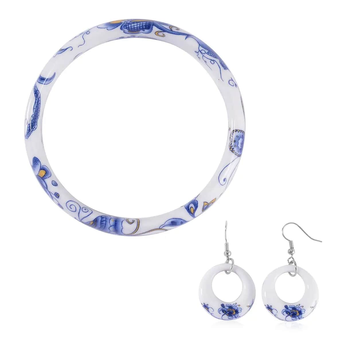 Blue Color Ceramic Bangle Bracelet (8.50 In) and Earrings in Stainless Steel image number 0