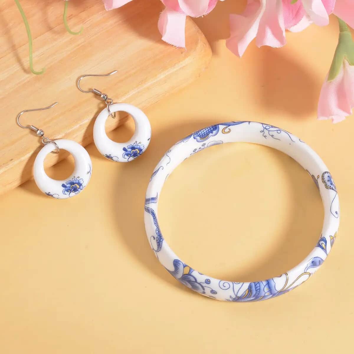 Blue Color Ceramic Bangle Bracelet (8.50 In) and Earrings in Stainless Steel image number 1