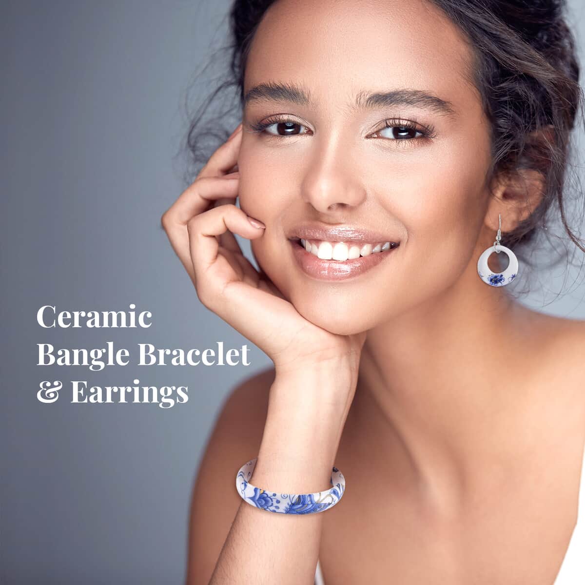 Blue Color Ceramic Bangle Bracelet (8.50 In) and Earrings in Stainless Steel image number 2