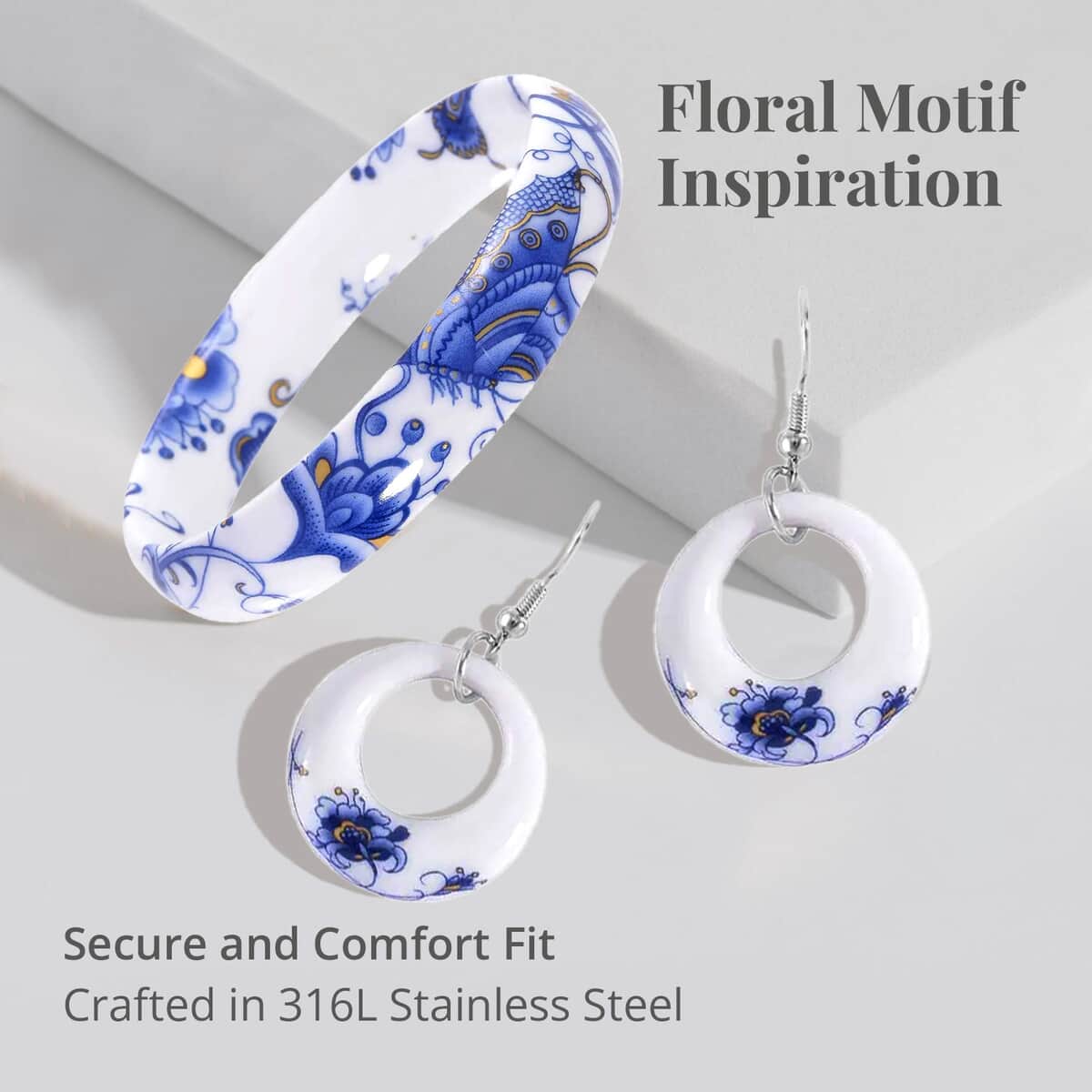 Blue Color Ceramic Bangle Bracelet (8.50 In) and Earrings in Stainless Steel image number 3