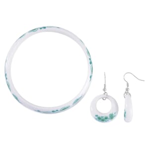 Green Color Ceramic Bangle Bracelet (8.50 In) and Earrings in Stainless Steel