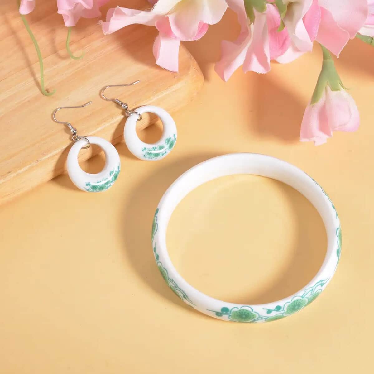 Green Color Ceramic Bangle Bracelet (8.50 In) and Earrings in Stainless Steel image number 1