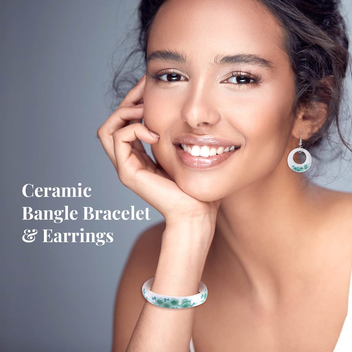 Green Color Ceramic Bangle Bracelet (8.50 In) and Earrings in Stainless Steel image number 2