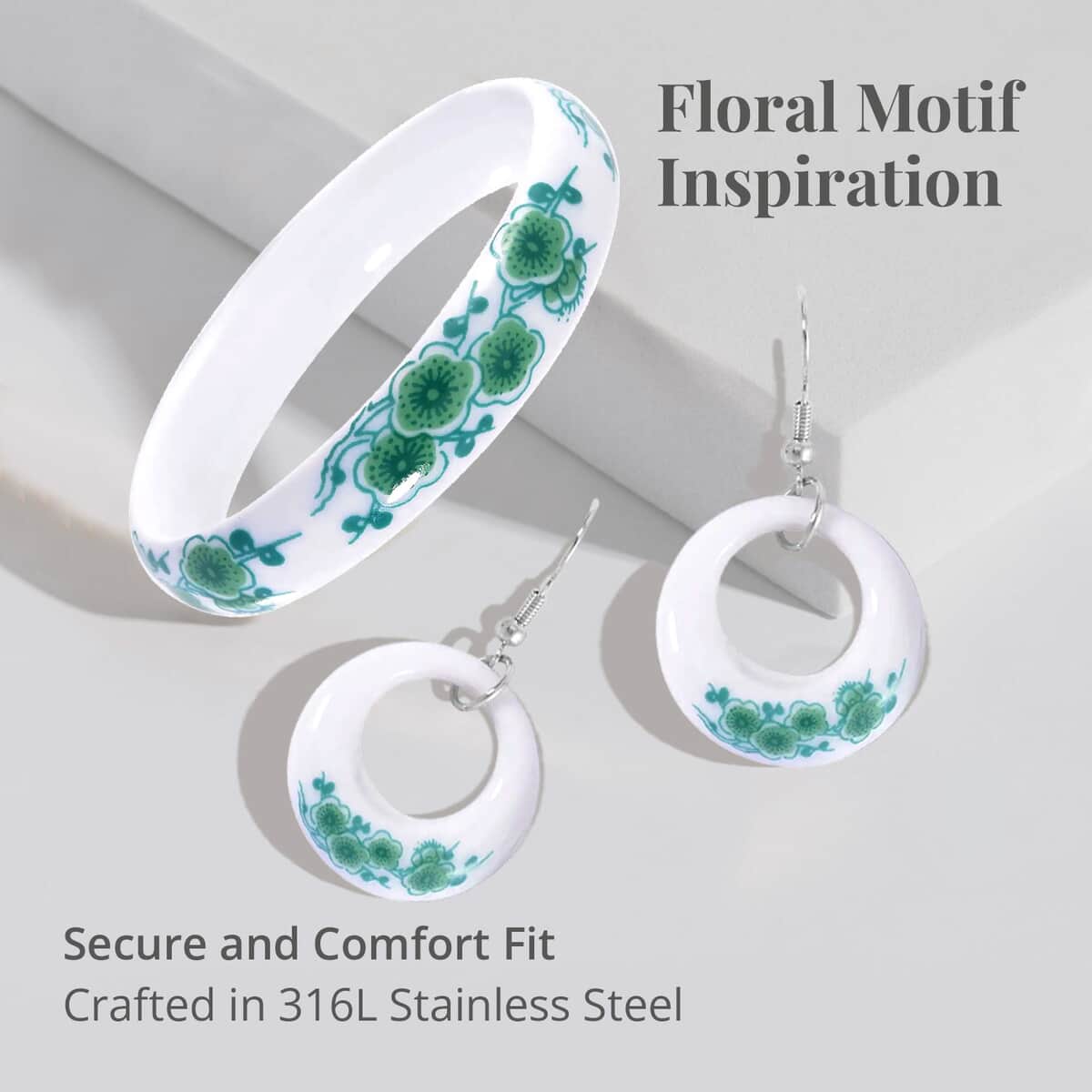 Green Color Ceramic Bangle Bracelet (8.50 In) and Earrings in Stainless Steel image number 3