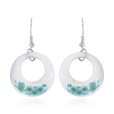 Green Color Ceramic Bangle Bracelet (8.50 In) and Earrings in Stainless Steel