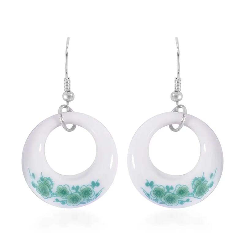 Green Color Ceramic Bangle Bracelet (8.50 In) and Earrings in Stainless Steel