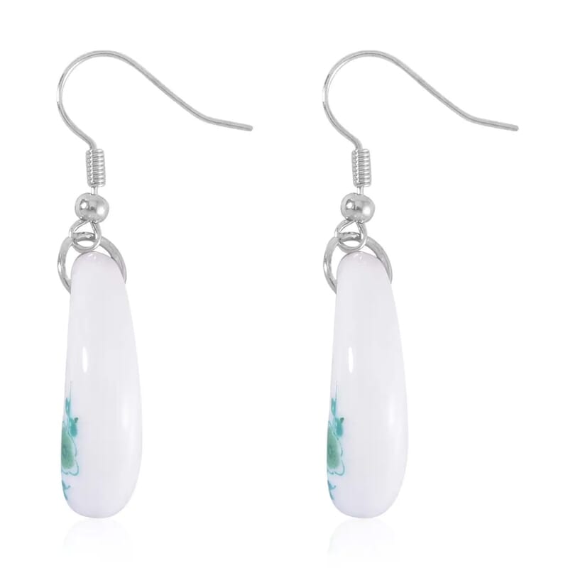 Green Color Ceramic Bangle Bracelet (8.50 In) and Earrings in Stainless Steel